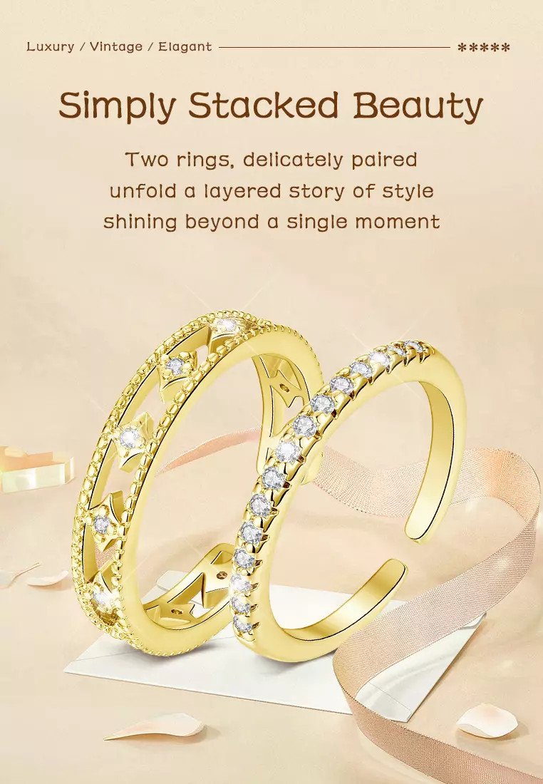 Cincin Wanita 2 pcs Set Cincin Berlian Wanita Adjustable Ring Accsesories Mewah Gaya Elegan