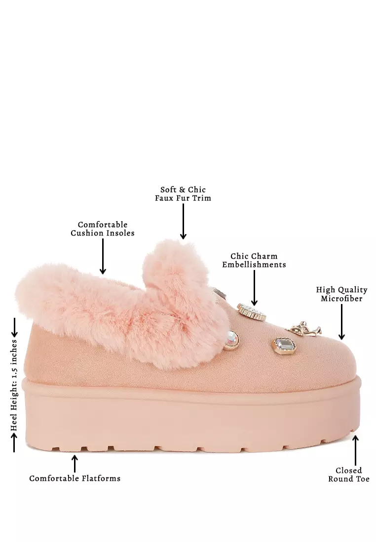 Charm Detail Slip On Snow Boots In Pink