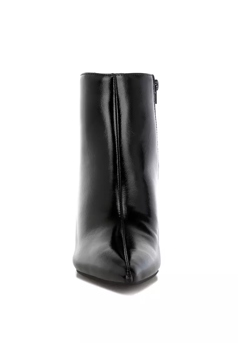 Faux Leather Kitten Heel Boots in Black