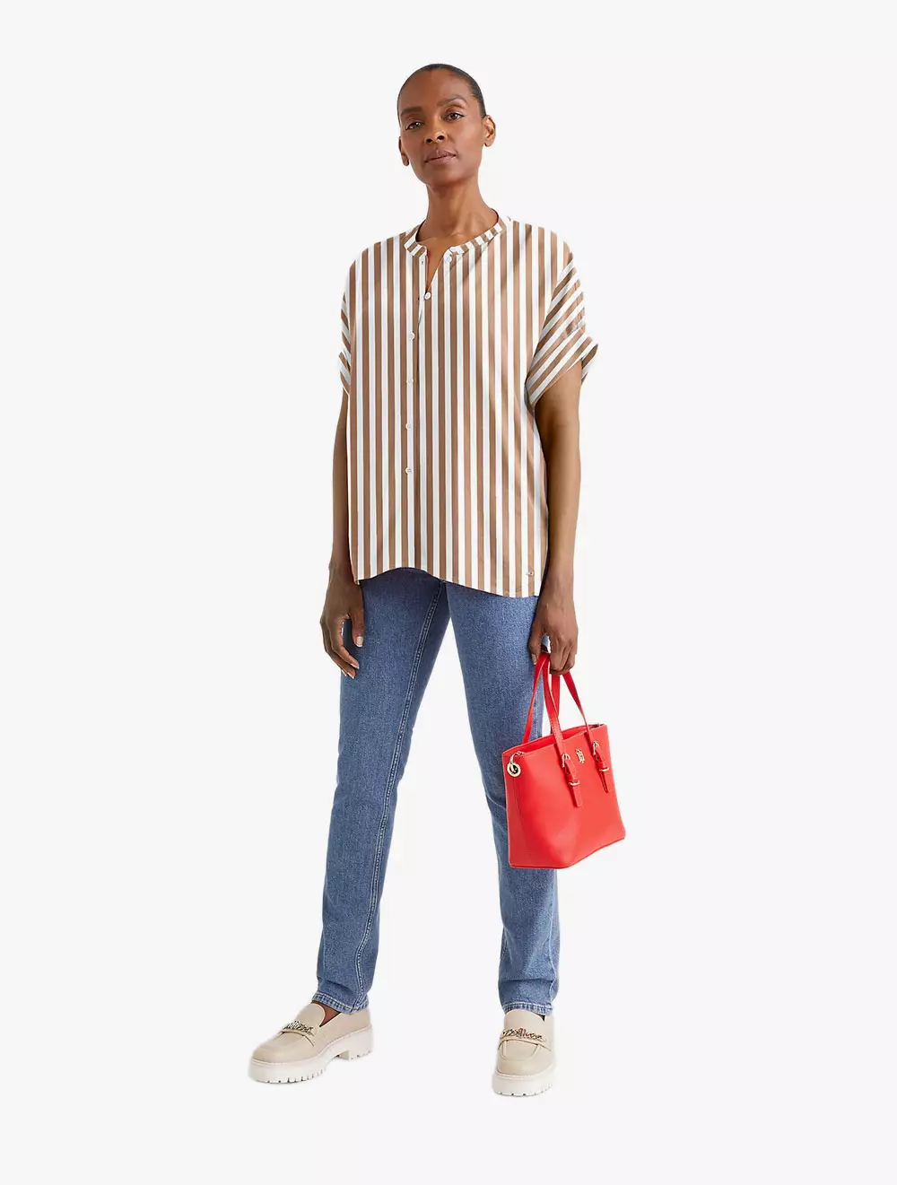 TOMMY HILFIGER - STRIPE SHORT-SLEEVE BLOUSE - Khaki - brown