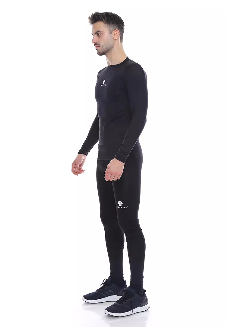 Tiento Baselayer Manset Olahraga Long Sleeve Black White dan Celana Legging Long Pants 1 Set