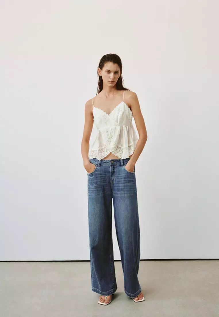 Crisscross Fitted Camisole Top with Floral Lace Detail in Lyocell