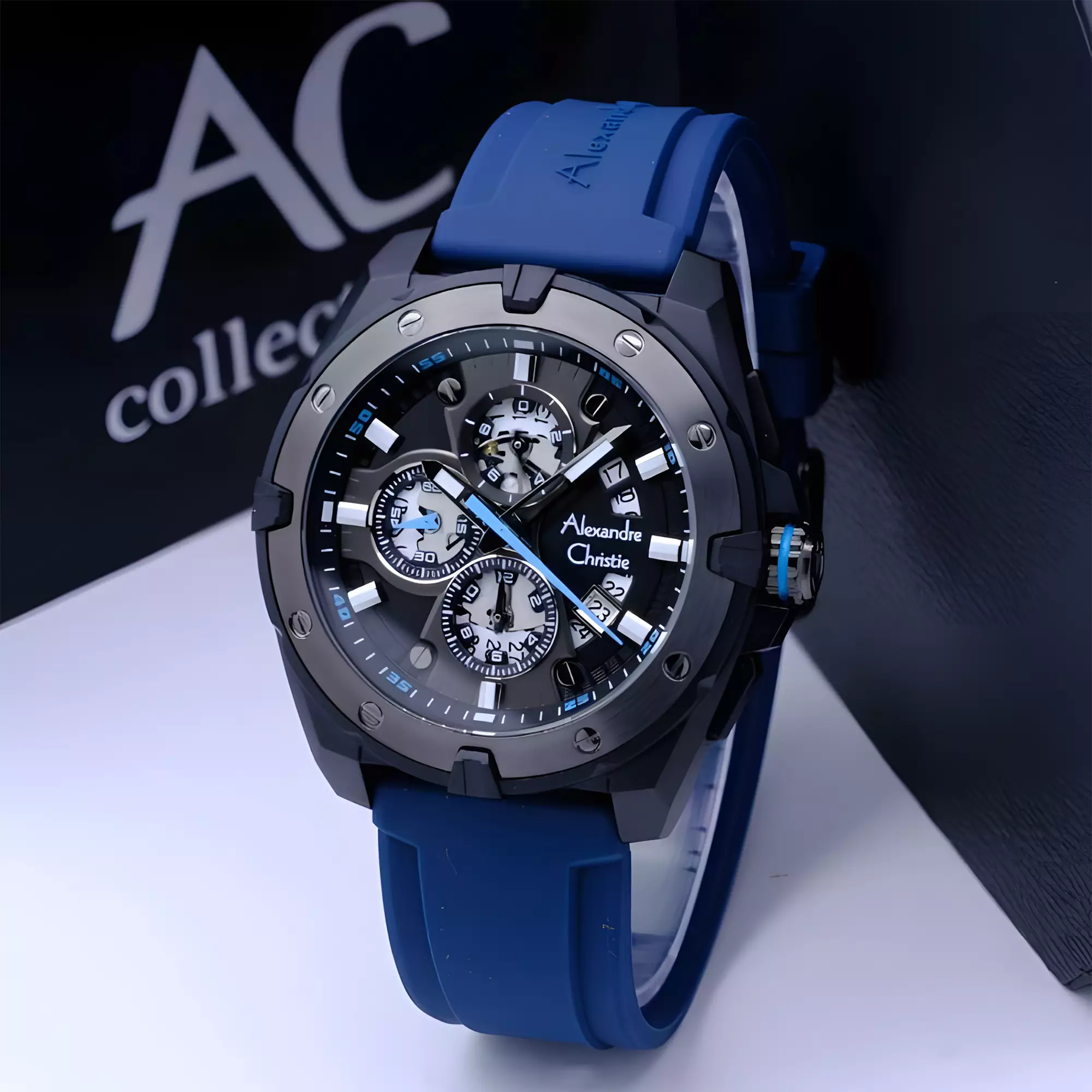 Alexandre Christie - Jam Tangan Chronograph Pria - Black Case - Blue Rubber Strap - 6693 MCREPBABU