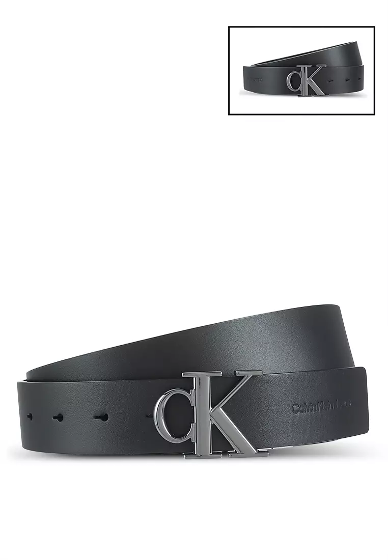 Calvin Klein Retro Monogram Logo Plaque Reversible Belt in Metallic