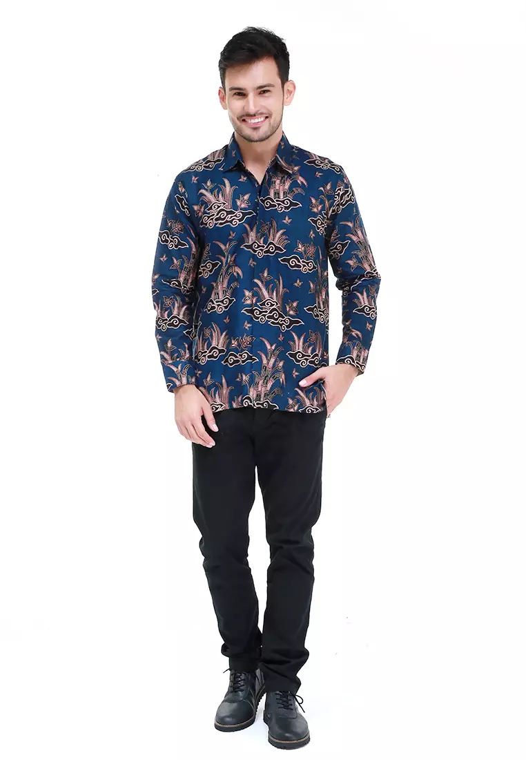 Dwan Kemeja Batik Pria Mega Mendung Atasan Formal Longsleeve Shirt Material Cotton ORIGINAL - Navy