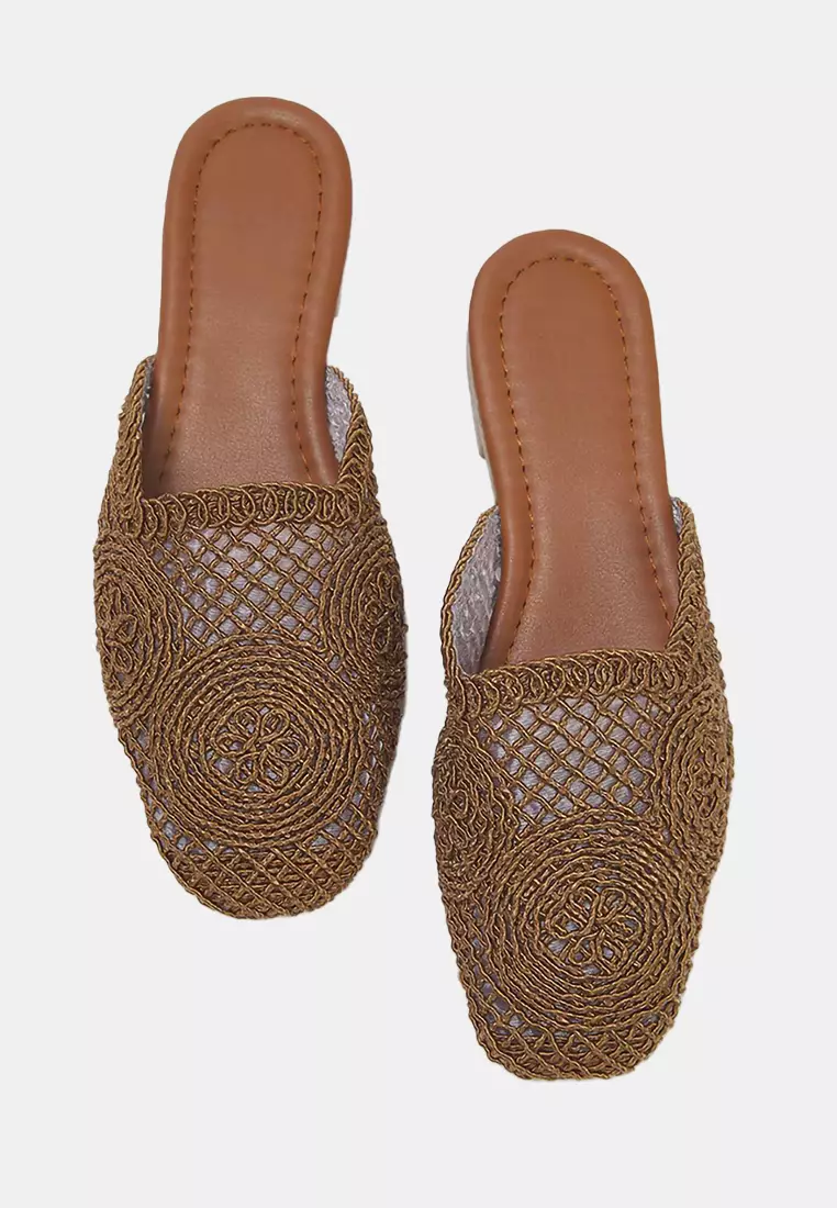 Brown Closed Front Knitted Detailed Women's Mule Slippers Takss24Te00000