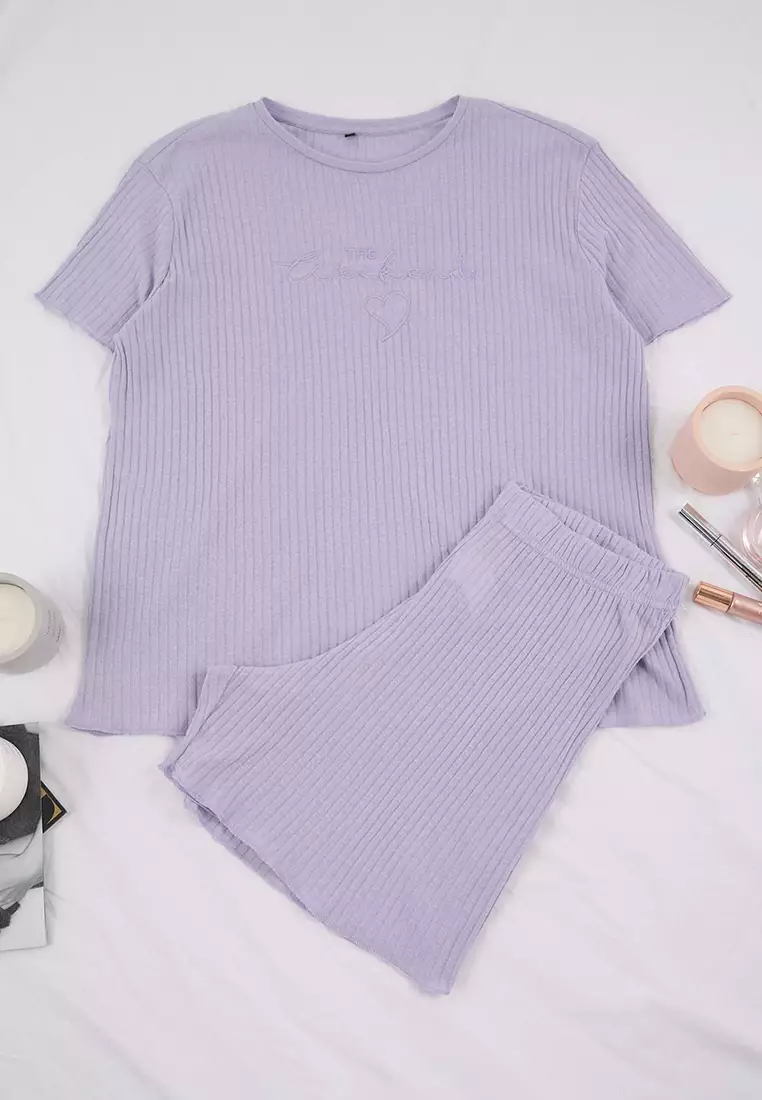 Lila Crew Neck Ribbed Knit Knitted Pajamas Set Tbbss25Ai00118