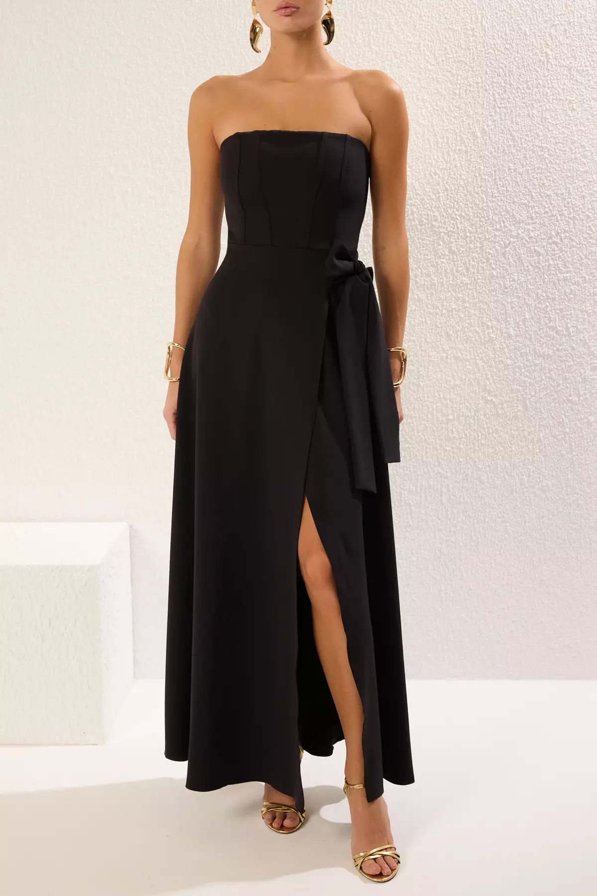 Black Strapless Back Detail Woven Long Elegant Evening Dress
