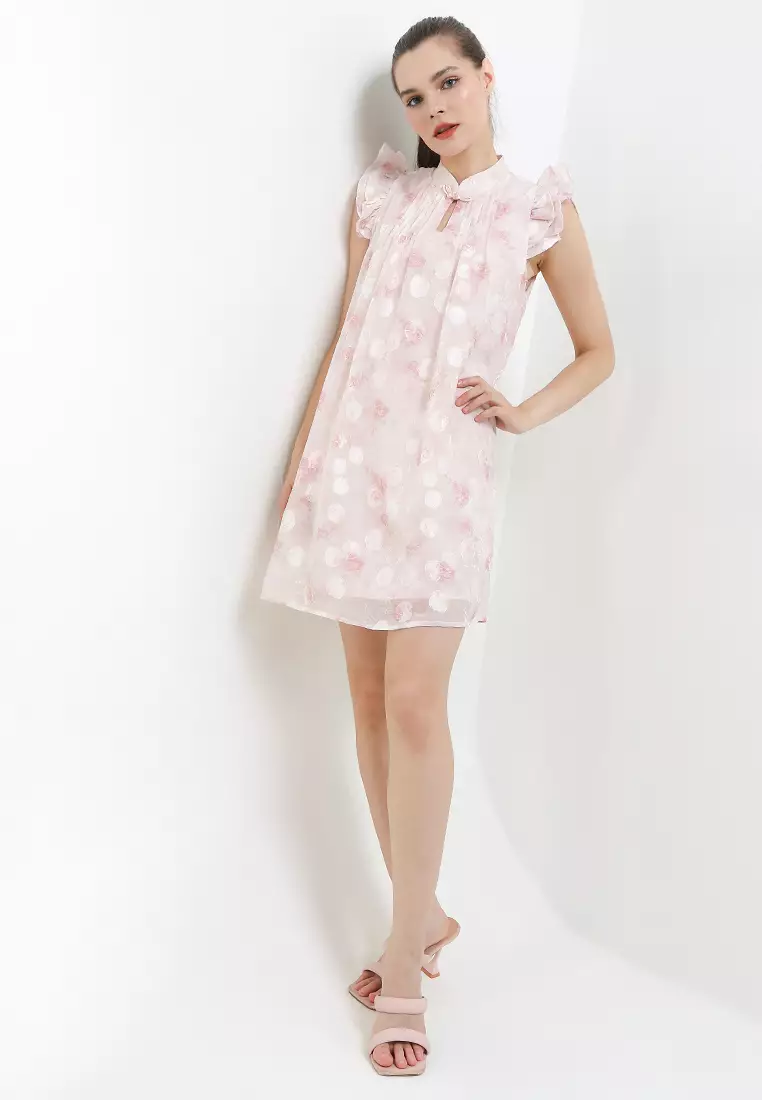Ruffles Sleeves Flo Print Pintuck Cheongsam Dress