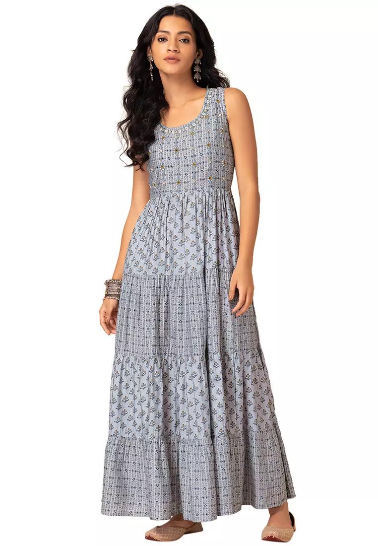 Printed Muslin Cotton Tiered Maxi Dress in Blue