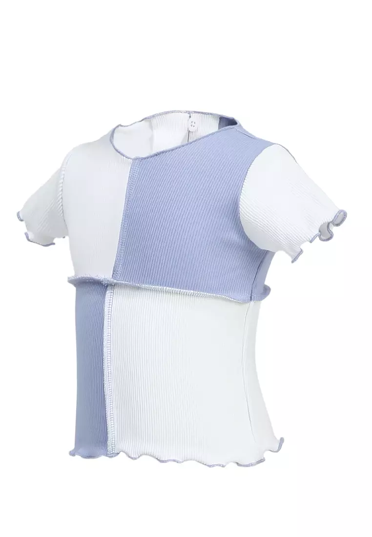 Octavia Top Blouse Anak Perempuan Desain Kombinasi Warna Atasan Lengan Pendek Material Knit ORIGINAL - Baby Blue