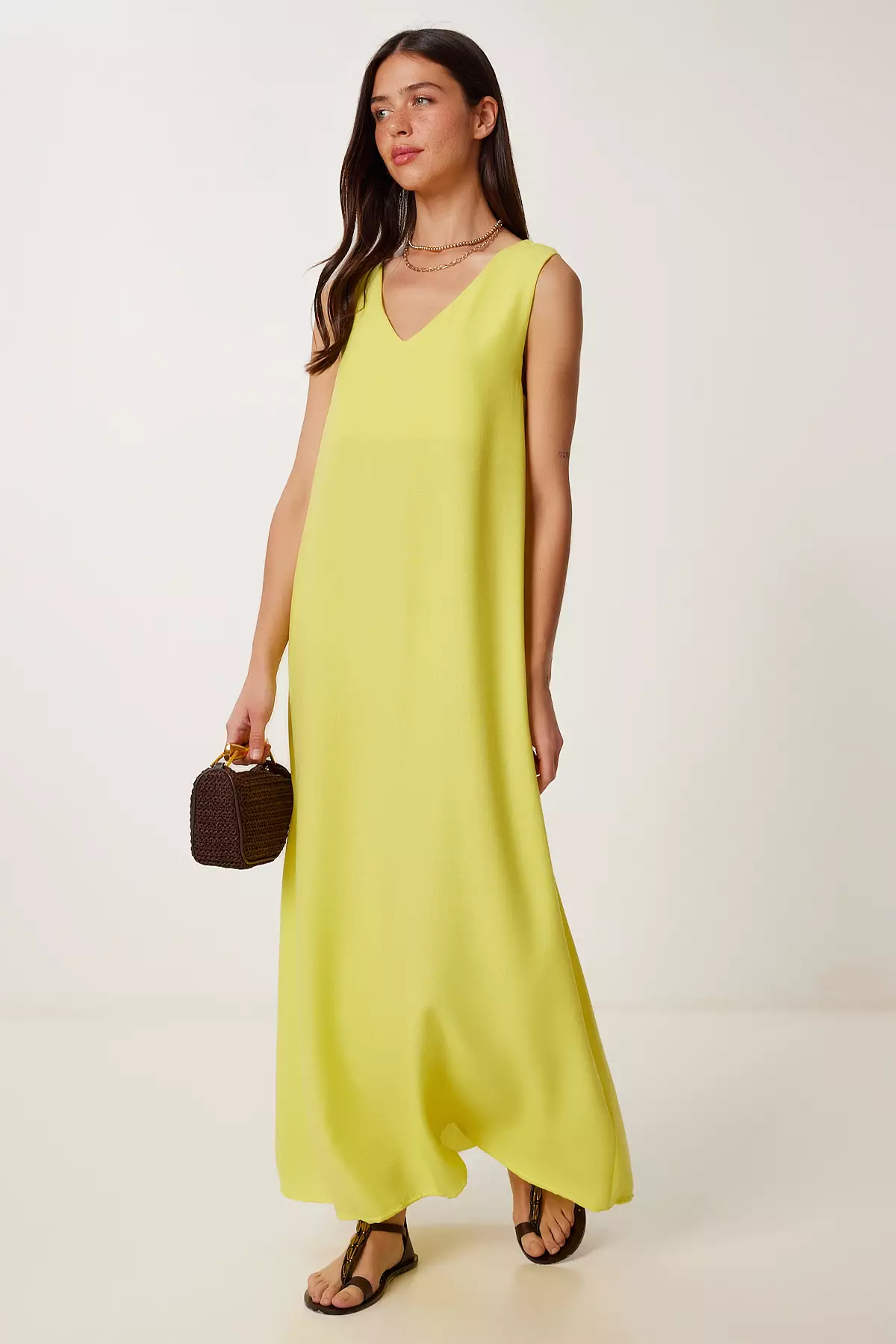 Women's Yellow Sleeveless Basic Summer Linen Dress Dz00128