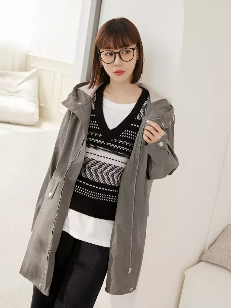 Pure Cotton Hooded Drawstring Long Loose Jacket EA2649