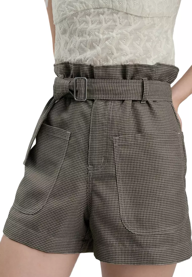 Dogstooth Paperbag Utility Shorts With Belt
