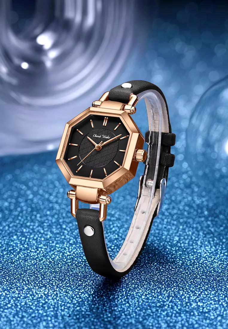 Jam Tangan Wanita Korea Anti Air Original Kuarsa Wanita Tali Kulit Jam Tangan Cewek Kotak Indah black