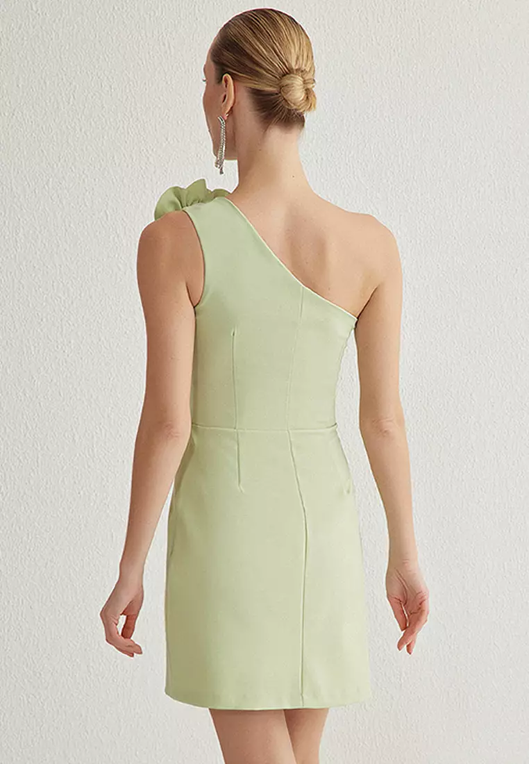 A字連身裙 綴玫瑰飾 梭織 時尚短連身裙