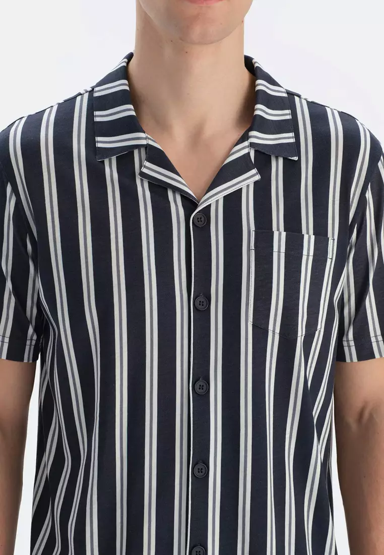 Multicolor Shirt & Shorts Knitwear Set, Striped, Shirt Collar, Regular, Short Leg, Short Sleeve Sleepwear for Men