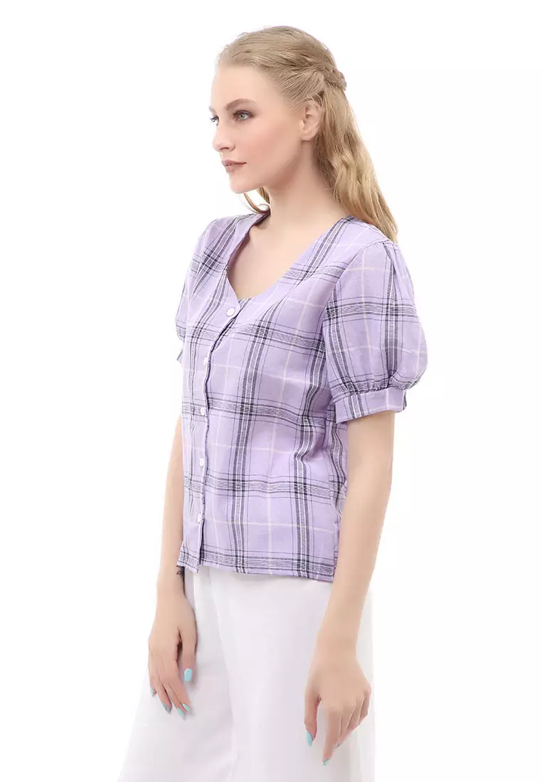 Holly Atasan Kasual Kemeja Crop Top Wanita Lengan Pendek Material Cotton ORIGINAL - Purple
