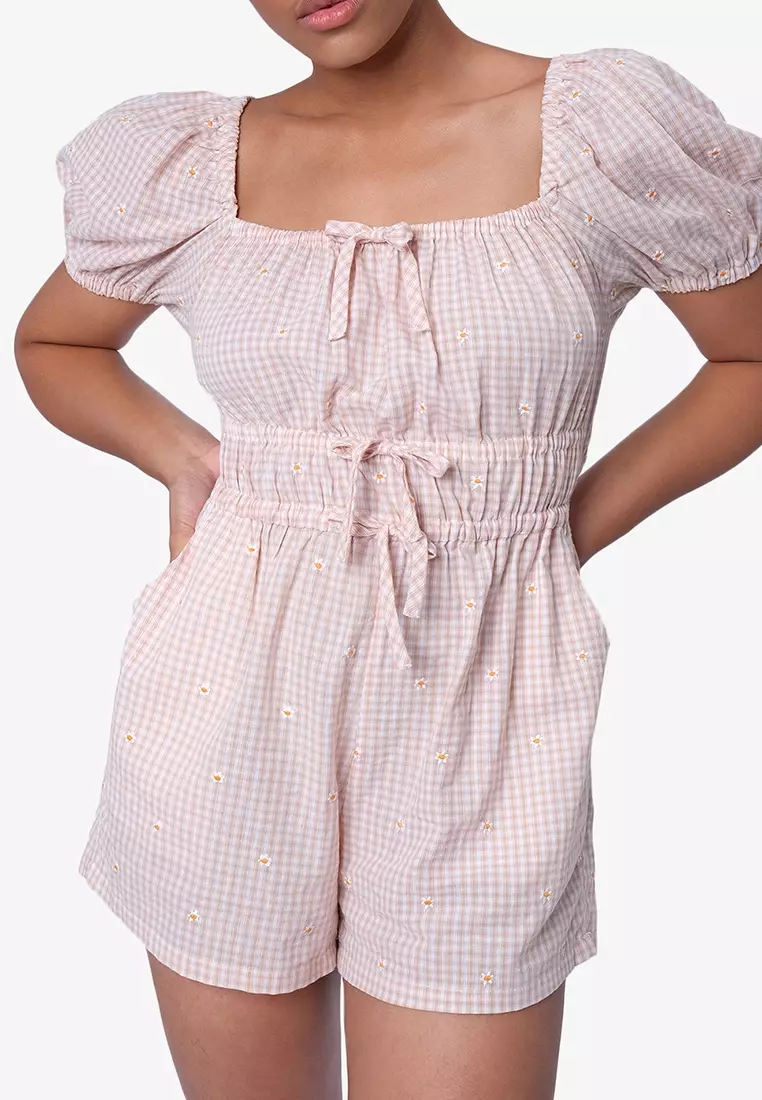 Buy JUST G Teens Embroidered Gingham Jumpsuit With Puff Sleeves 2024 Online