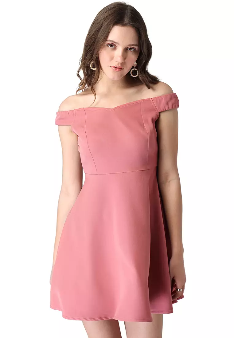 Dusty pink polka dot bardot tie waist shift clearance dress