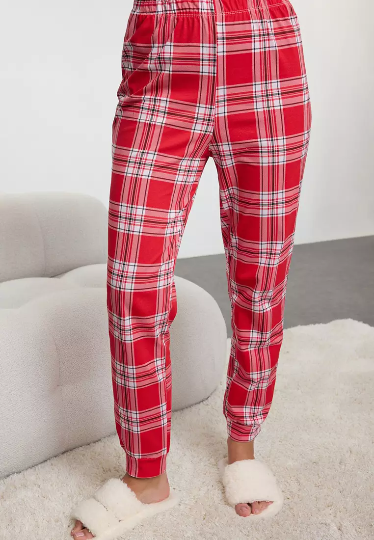 White-Multicolored 100% Cotton Winter Themed Plaid Knitted Pajama Set THMAW25PT00121