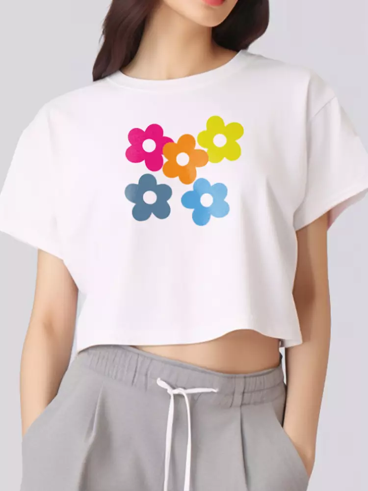 LTE92 kaos crop top oversize OLC wanita tulisan simpel colorful simple flowers putih