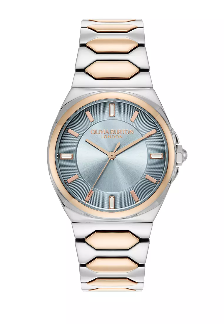 Olivia Burton Chalk Blue Sunray Dial with CD Textured Outer Ring TT SS/RG Honeycomb Link Bracelet 34mm - 24000204