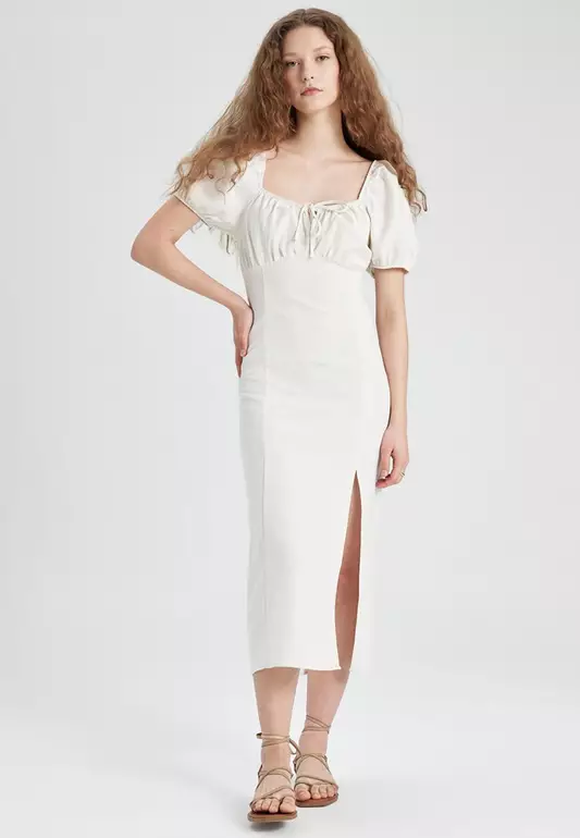 A-Line Gathered Neck Slit Midi Dress