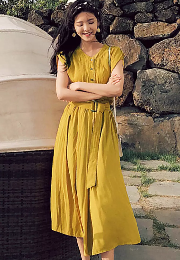 Chiffon Long Short Sleeve Cardigan Style One-Piece Dress A22022532YE