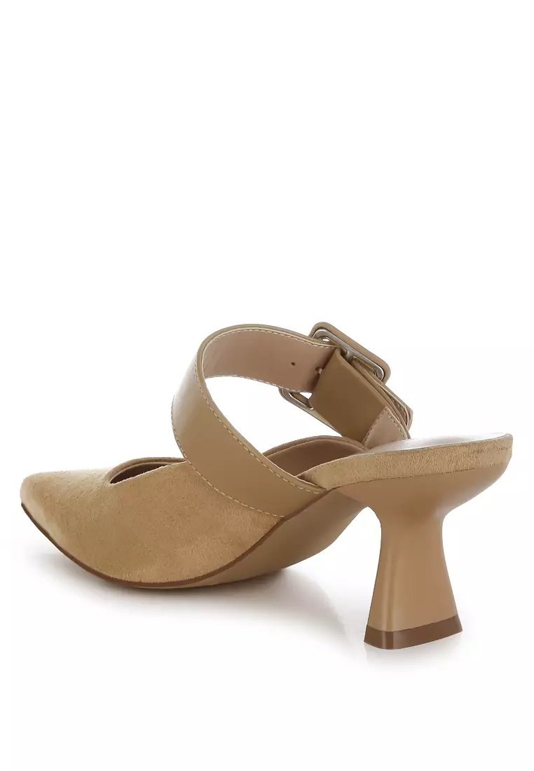 Microfiber Pointy Slip-On Mules in Beige