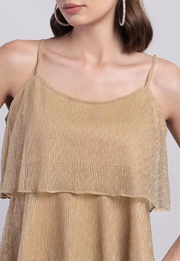 Gold Plisse Strappy Layered Top