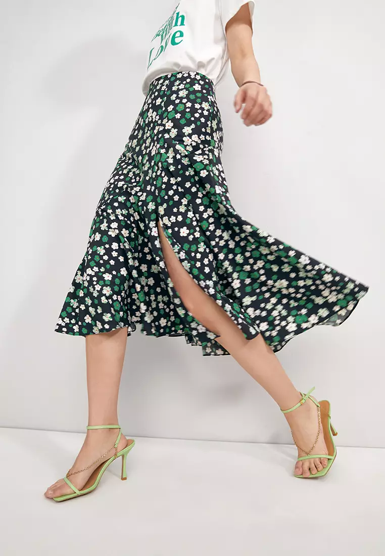 Slim Waist Flare Floral Long Skirt