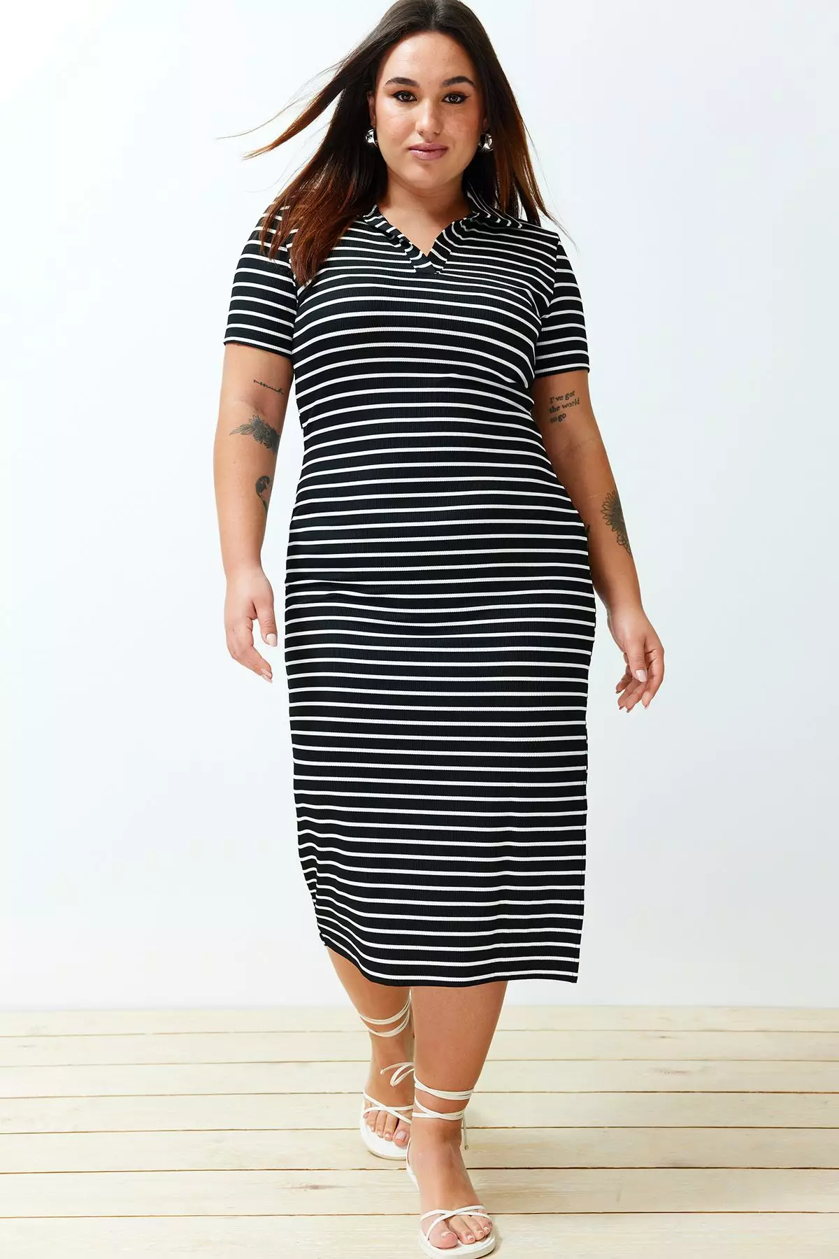 Plus Size Striped Johnny Neck Dress
