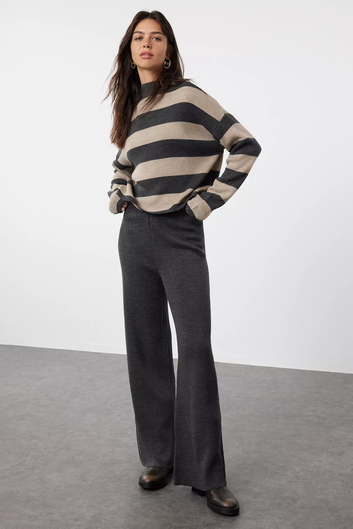 Anthracite Wide Pattern Striped Knitwear Top-Top Set