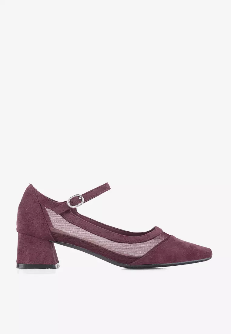 Elora Transparent Mesh Suede Block Heels Mary Jane in Maroon