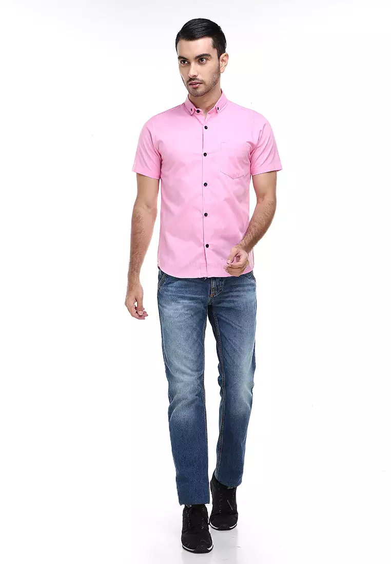 Dwan Casual Shirt Kemeja Polos Pria Lengan Pendek Kasual Formal Material Cotton ORIGINAL - Pink