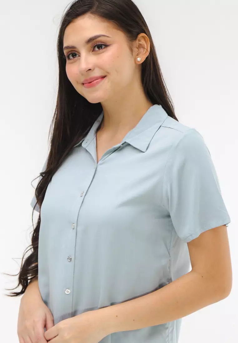 Woven Plain Rayon Short Sleeves Blouse