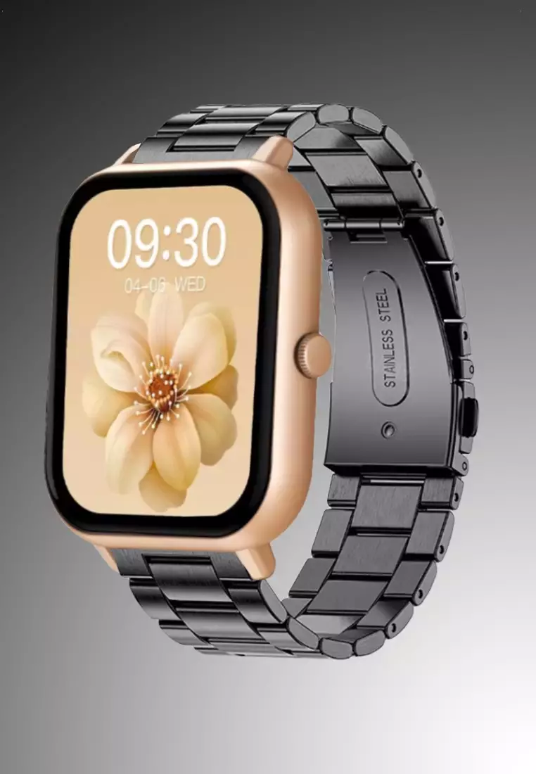 Unisex Rectangular Smart Watch - IP Black Stainless Steel Bracelet + 1 free Rubber Strap