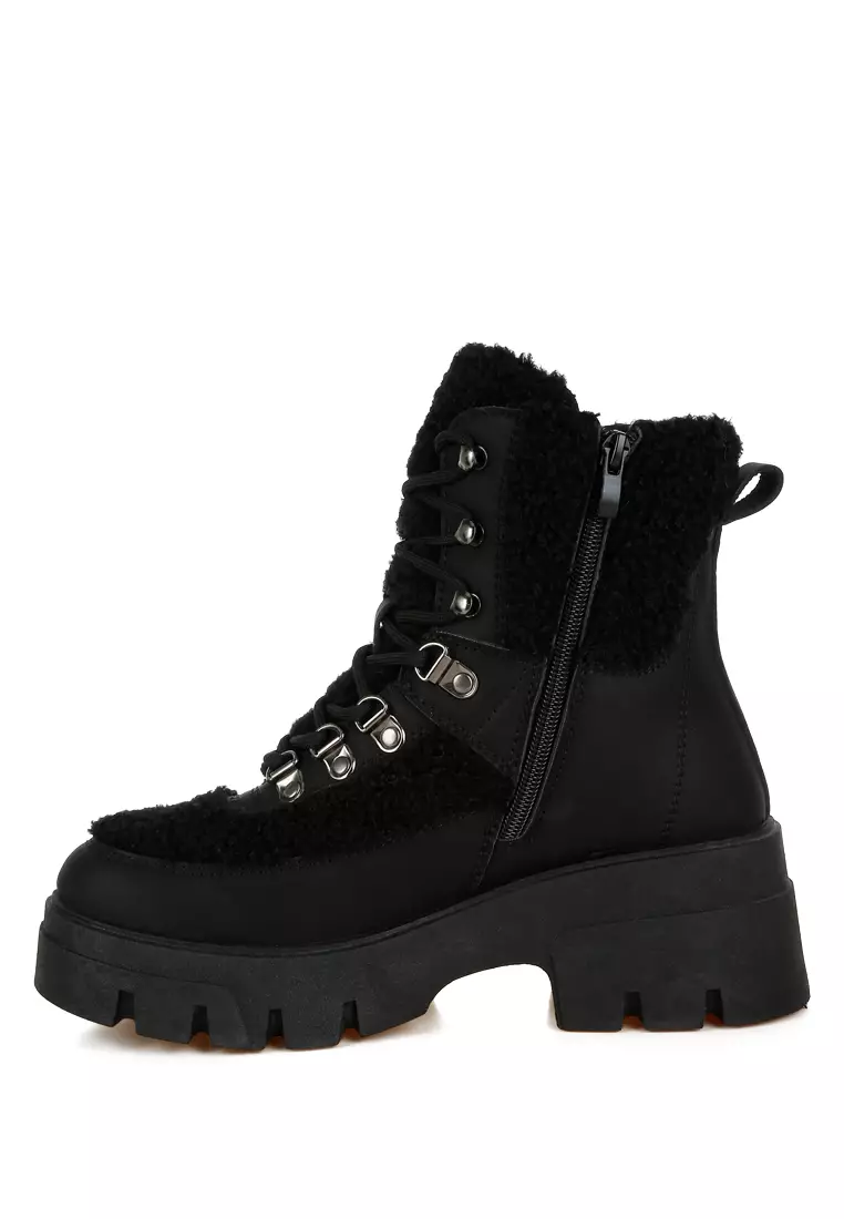 Faux Fur Detail Chunky Hiker Boots in Black