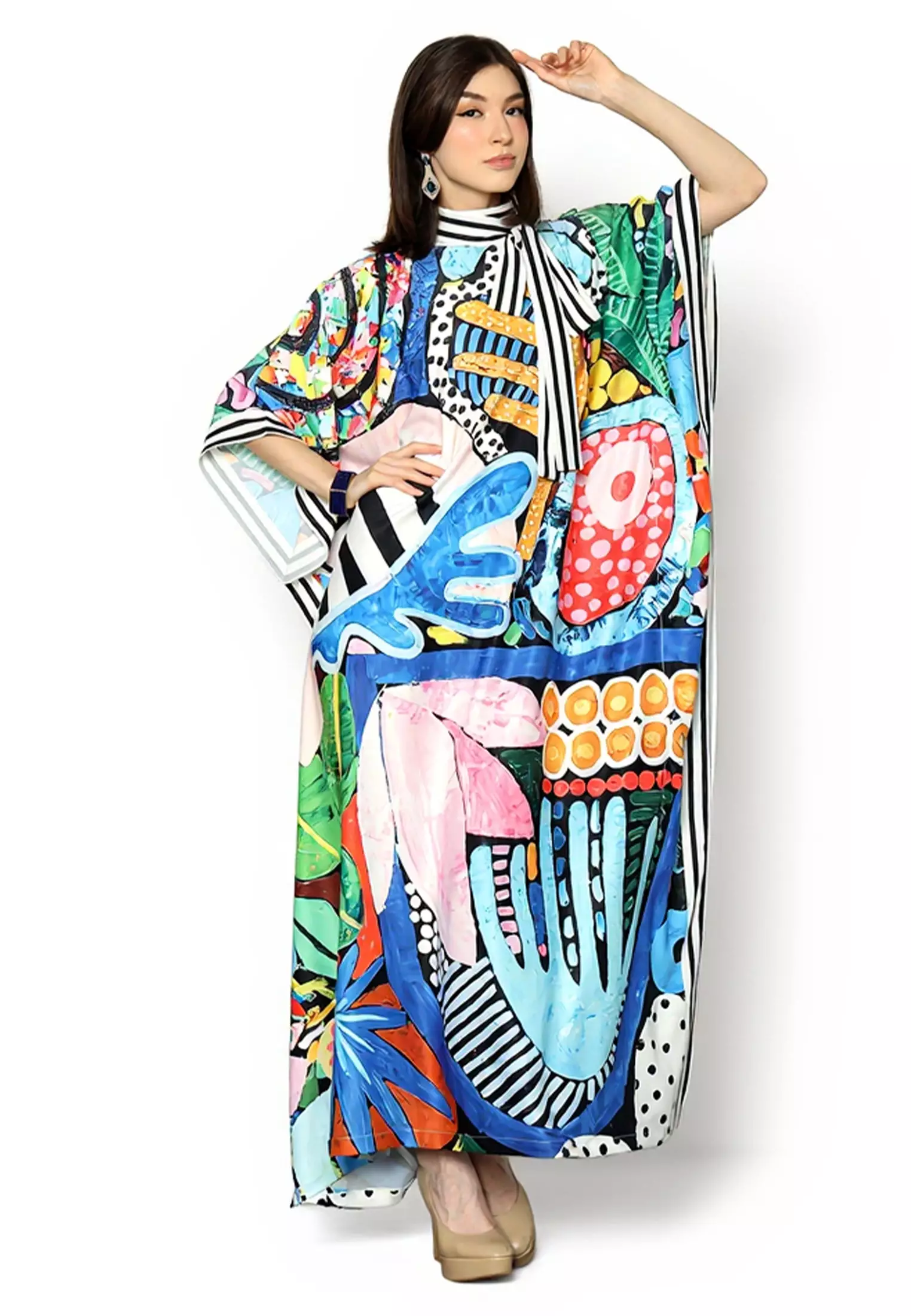 Kanzi Collection Short Sleeve Ribbon Collared Abstact Kaftan