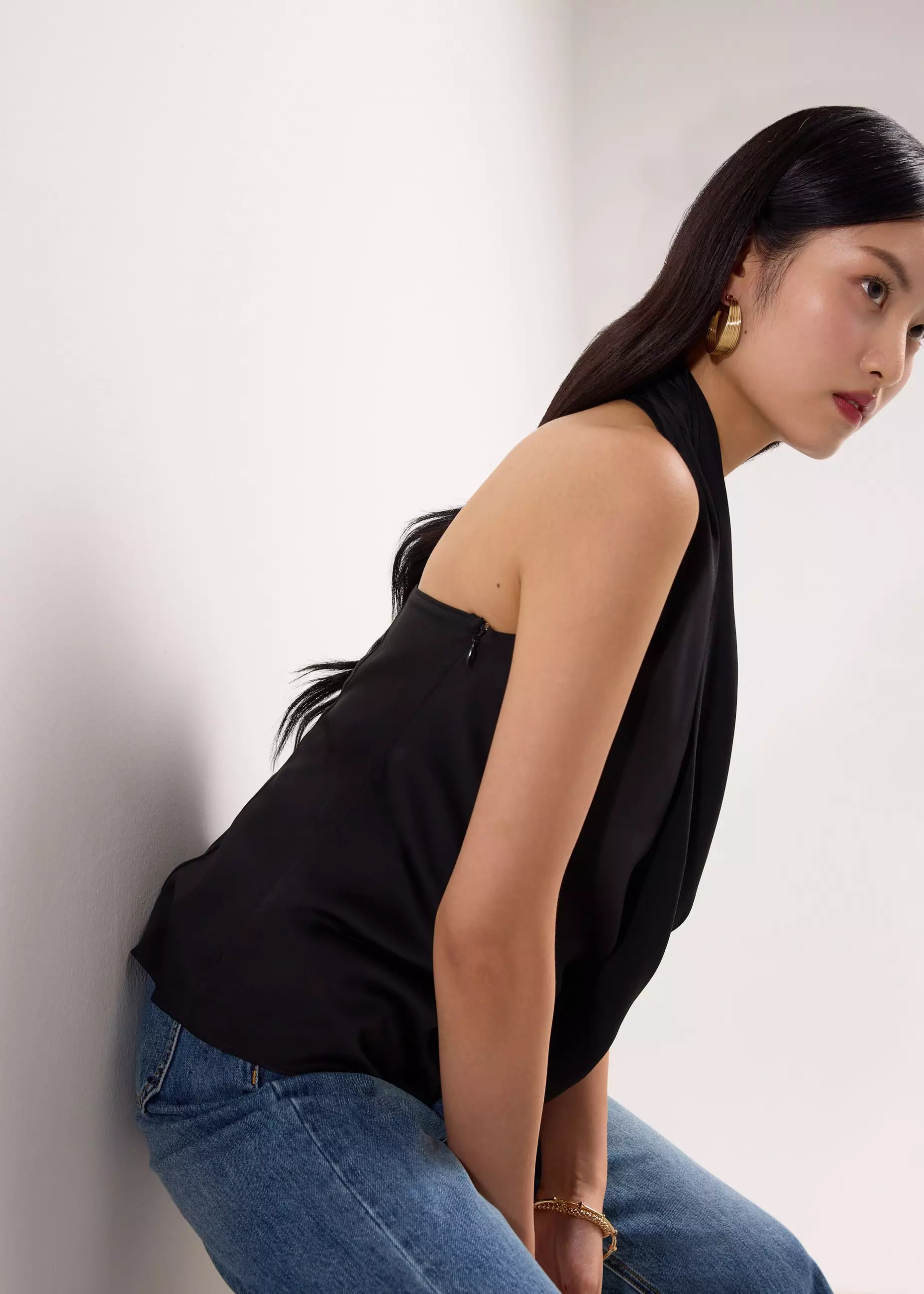 Atasan Wanita - Satin Cowl Neck Halter Fitted Top