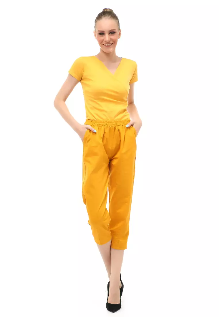 Long Pants Bawahan Wanita Motif Polos Design Casual - Mustard