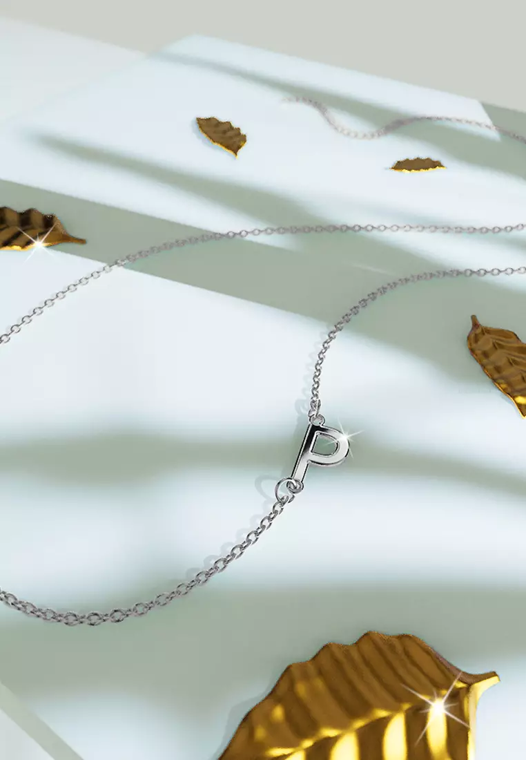 Bold Alphabet Letter Initial Charm Necklace in White Gold Tone - P