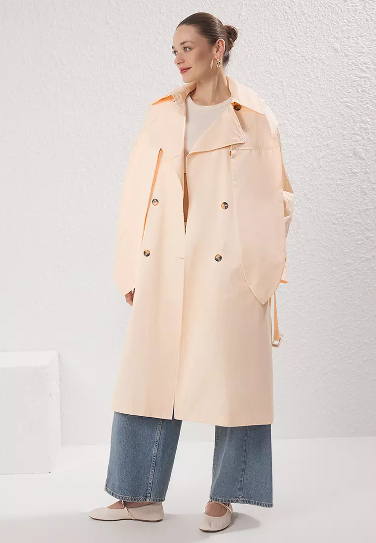 Light Yellow Shawl Collar Double Breasted Oversize Long Trench Coat TWOSS25TR00021
