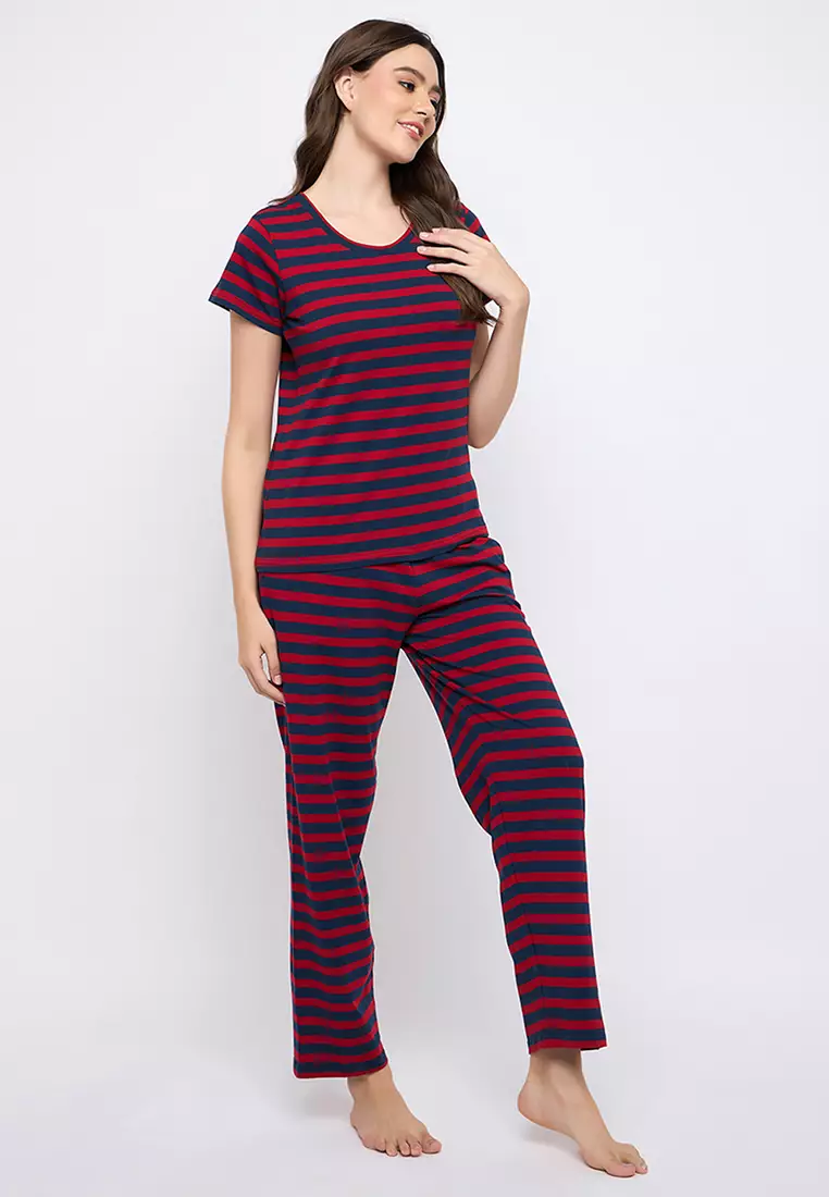 Clovia Striped T-shirt & Pyjama Set in Maroon & Navy Blue - 100% Cotton