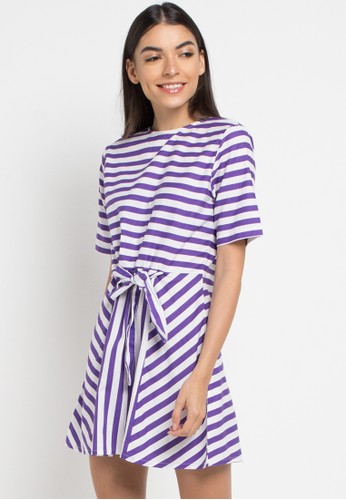 Miyoshi Jeans white and purple Casual Dress Oval Neck Short Sleeve Stripe Bl203Pn C6E33AACB44370GS_1