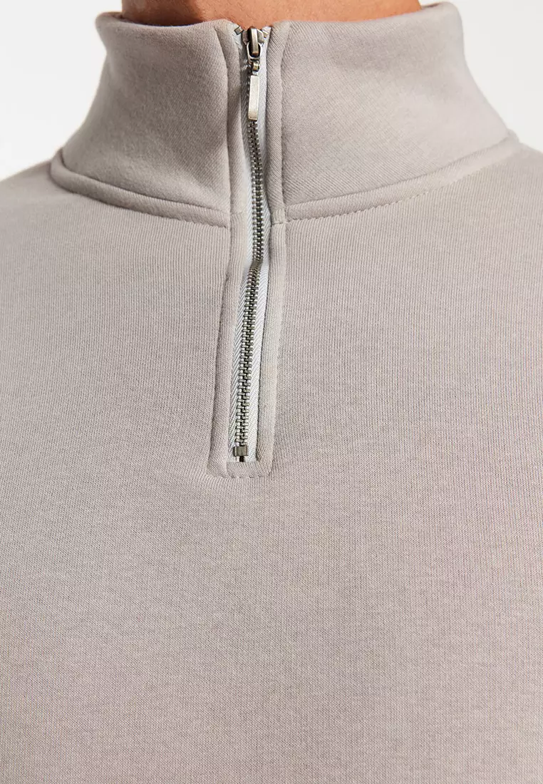 Grey Regular/Normal Cut Stand Collar Zippered Cotton Basic Inside Polar Fleece Sweatshirt TMNAW24SW00041