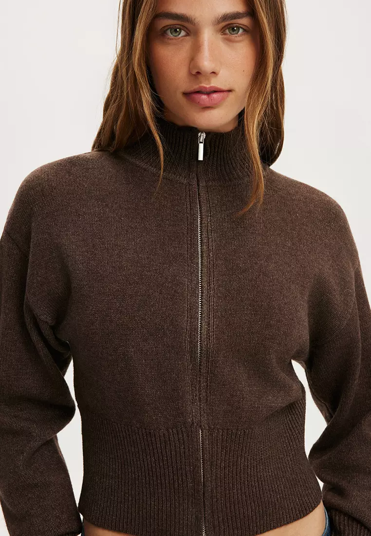 Lotus Cinched Zip Knit Bomber Sweater