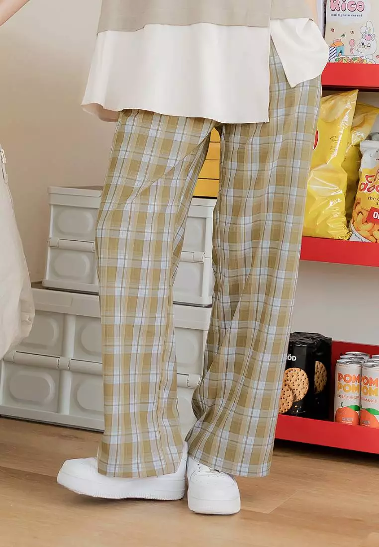 Plaid Elastic Waist Straight Wide-Leg Pants [BA7871]