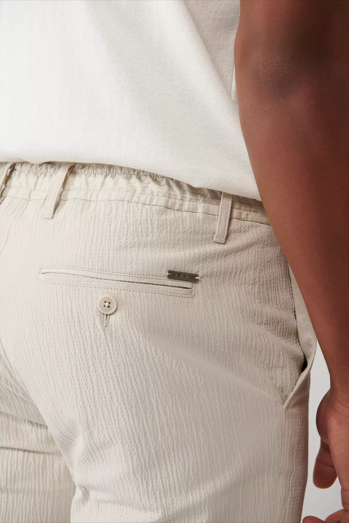 Men'S Beige Side Pocket Stretch Fabric Waffle Cotton Lightweight Relaxed Fit Trousers A41Y3202